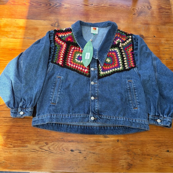 FARM RIO Crochet Embroidered Denim Jacket granny square‎ medium black new med - Picture 13 of 14